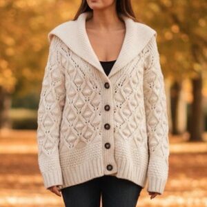 ZARA Pompom Knit Cardigan Jacket Sweater Ecru 4331/181 Sz Small Oversized